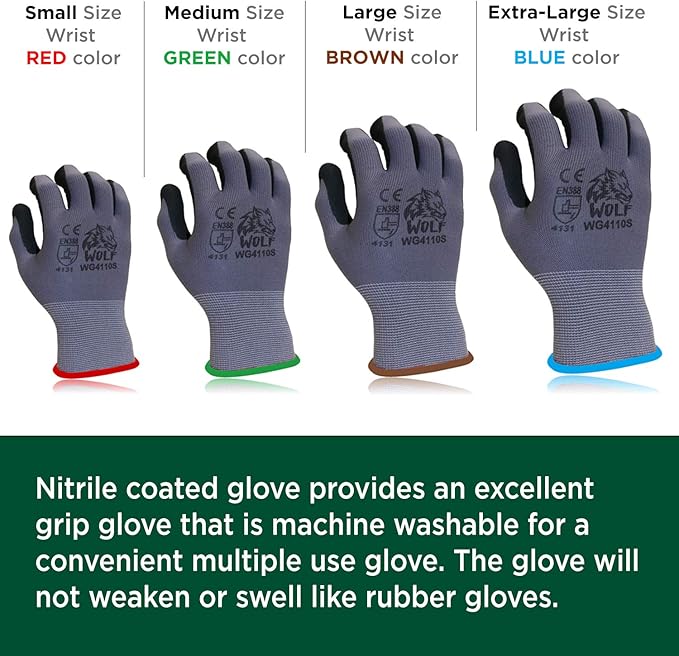 WOLF Ultra-Thin Nitrile Foam Palm Coated Glove with Tacky Dot Grip, Multi Purpose