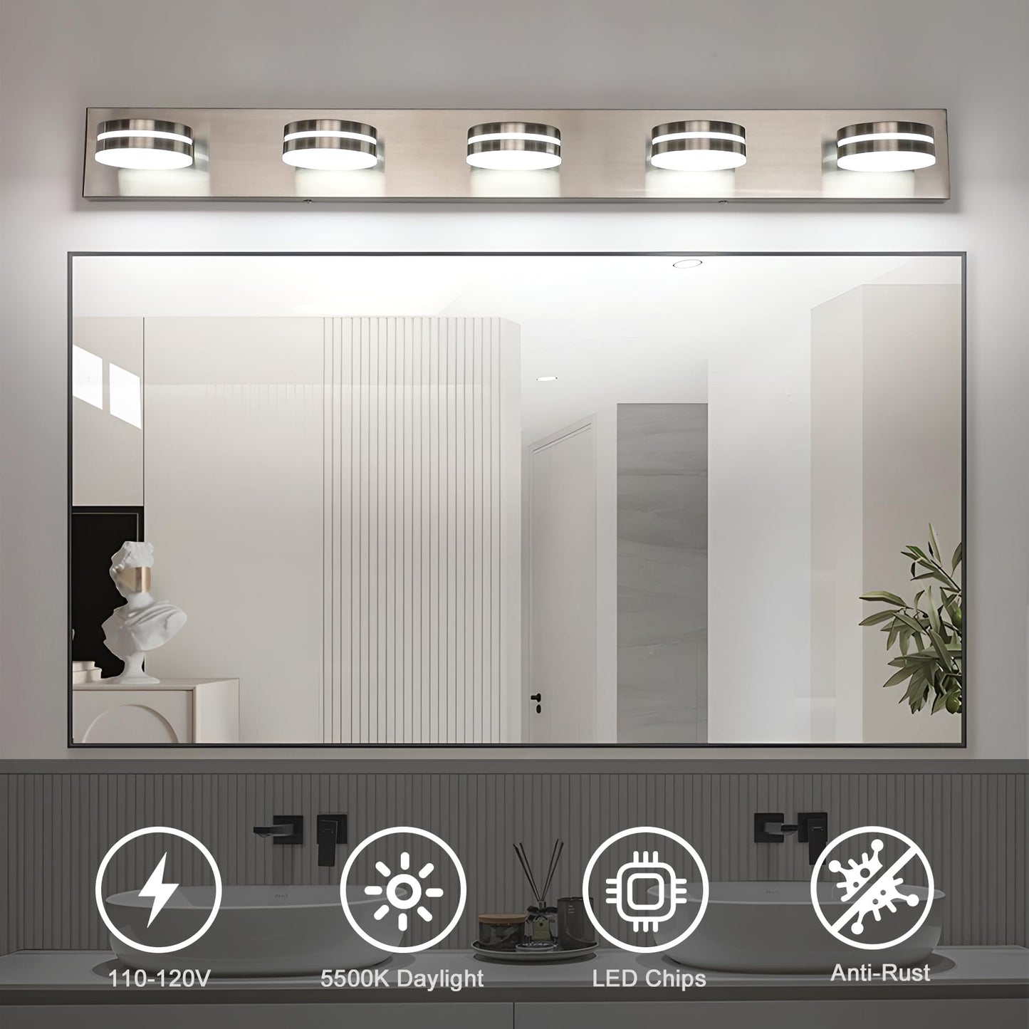 Bicrink Brushed Nickel Bathroom Light Fixtures Over Mirror, 5-Light Bathroom Vanity Light, LED Dimmable Bath Lights, Modern Dimmable Vanity Lighting with Rotating Lamp Head, 5500K