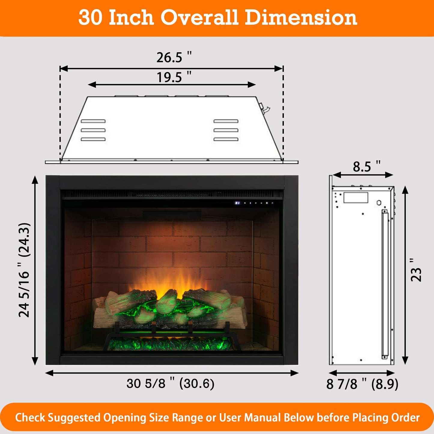 Unineo Electric Fireplace Insert w/Top Light, 12×12×12 Flame Color Option with Fire Crackling Sound, 30 5/8″W×24 5/16″H, 750W/1500W Eco Heater, Remote & Button Control, Black