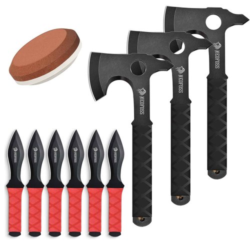 NedFoss Throwing Axes and Throwing Knives with Axe Sharpener 10Pack