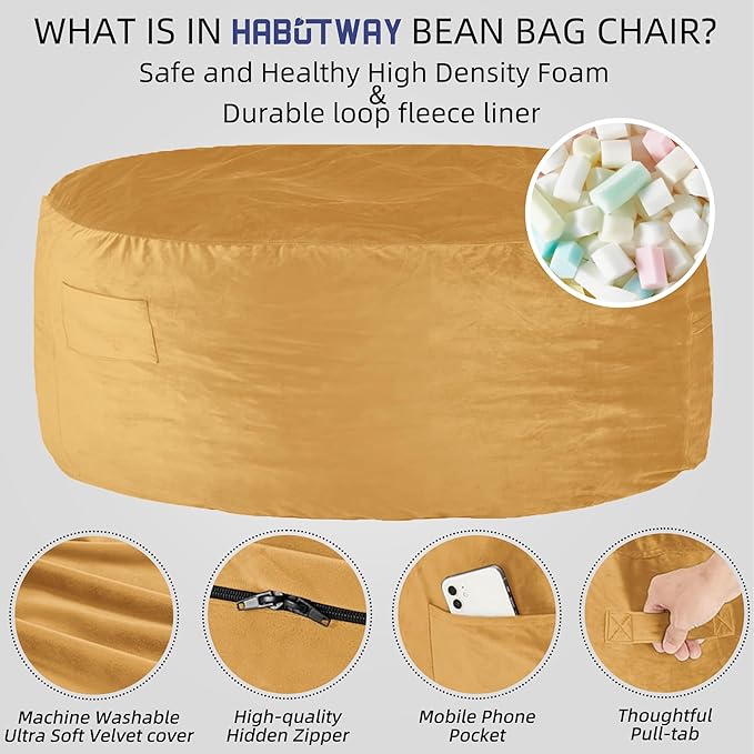 HABUTWAY Bean Bag Chair: Giant 5' Memory Foam Furniture Bean Bag Chairs for Adults with Microfiber Cover 5Ft(Mustard)