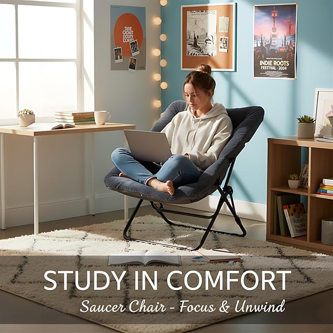 Givjoy Comfy Folded Chair, Soft Faux Fur Oversized Folding Chair, Flexible Lounge Lazy Chair for Kids Girls Teens Adults, Moon Chair for Dorm Rooms, Bedroom, Living Room
