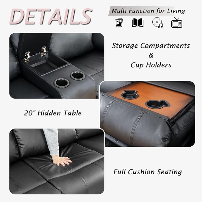 Caberryne Leather Recliner Sofa Set, 2 Pieces, Black, Modern Style, for Living Room/Office/Theater Seating