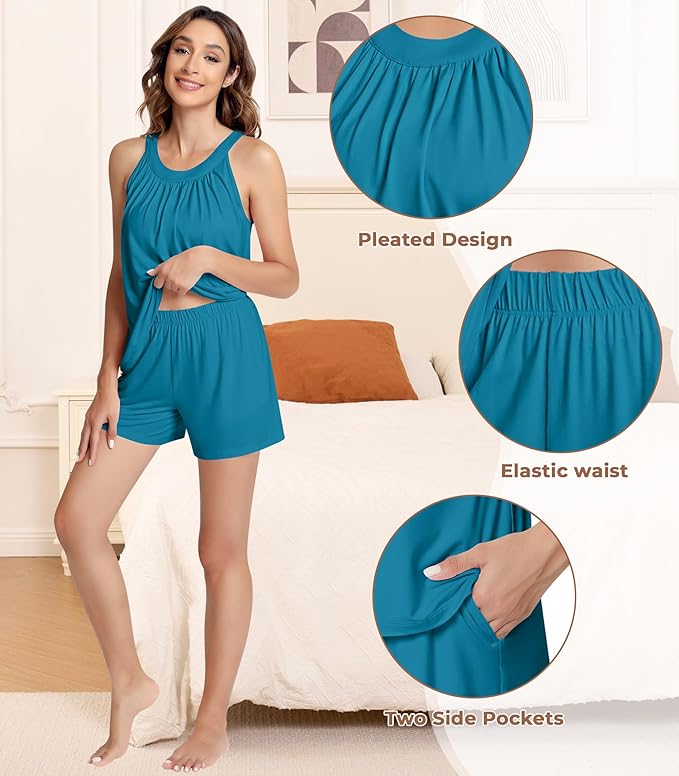 NACHILA Pajamas for Women-Viscose from Bamboo, Ribbed Racerback Tank Top Sexy Split Shorts Pajama Sets Cooling Sleep Cami Pjs