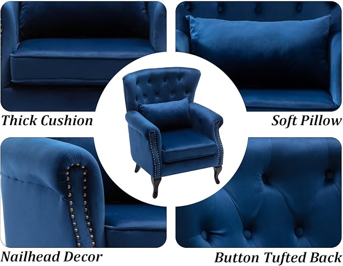 DM Furniture Mid-Century Accent Chair Modern Button Tufted Armchair Wingback Club Chair Velvet Single Sofa Lounge Chair with Pillow for Living Room Bedroom, Blue