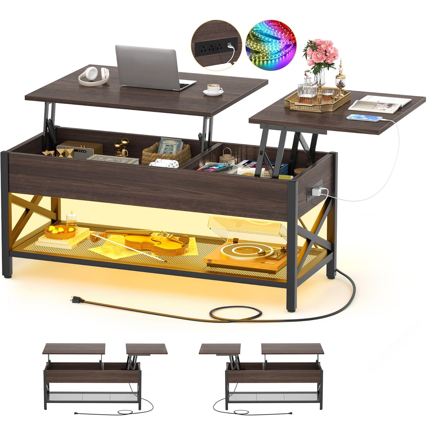 Aheaplus Coffee Table, Lift Top Coffee Table with LED light and Power Outlet, Modern Lift-Top Table with Storage Shelf, Center Table for Living Room with Lift Tabletop, X Support Metal Frame, Espresso