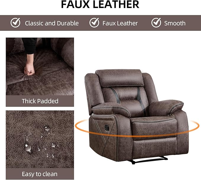 EBELLO Faux Leather Manual Recliner Chair, Modern Design Single Reclining Sofa Chair with Comfortable Armrest and Backrest, Furniture for Living Room, Bedroom, Grey