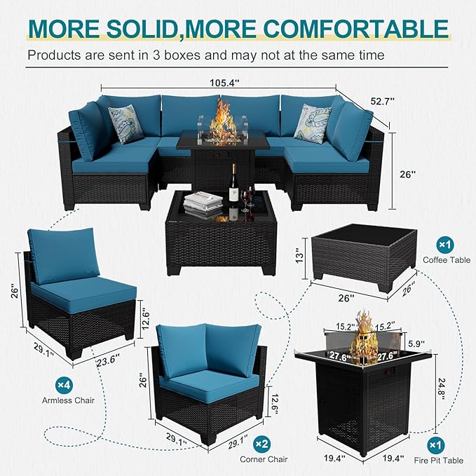 Ophelian 8 Piece Patio Furniture Set with Fire Pit Table, Wicker Outdoor Sectional Sofa Set with Thick Anti-Slip Chusions, Patio Conversation Sets for Backyard, Garden, Deck (Brown/Peacock Blue)