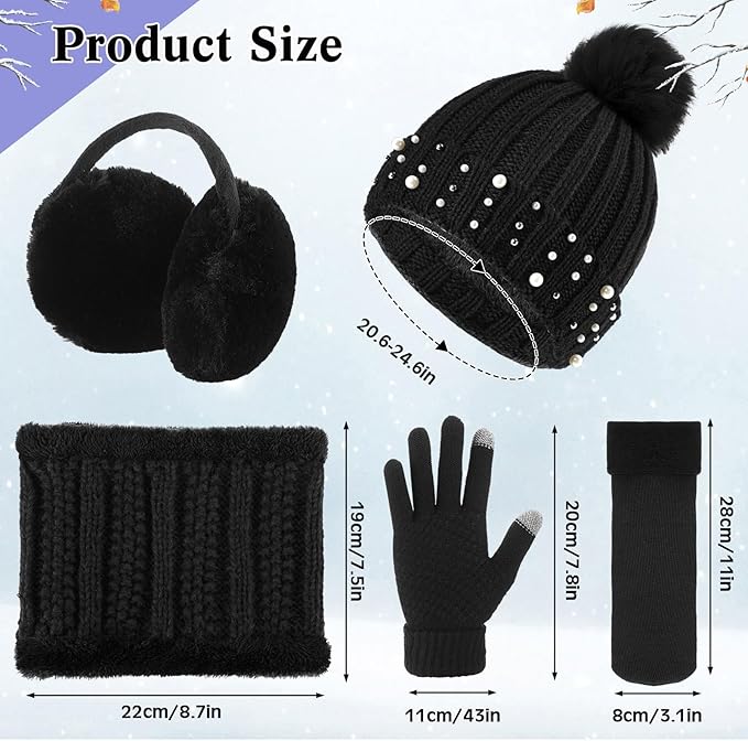 5 Pieces Women Winter Warm Set Knit Beanie Hat Scarf Touchscreen Gloves Earmuffs Stockings 5 in 1 Ski Outing Set for Gift
