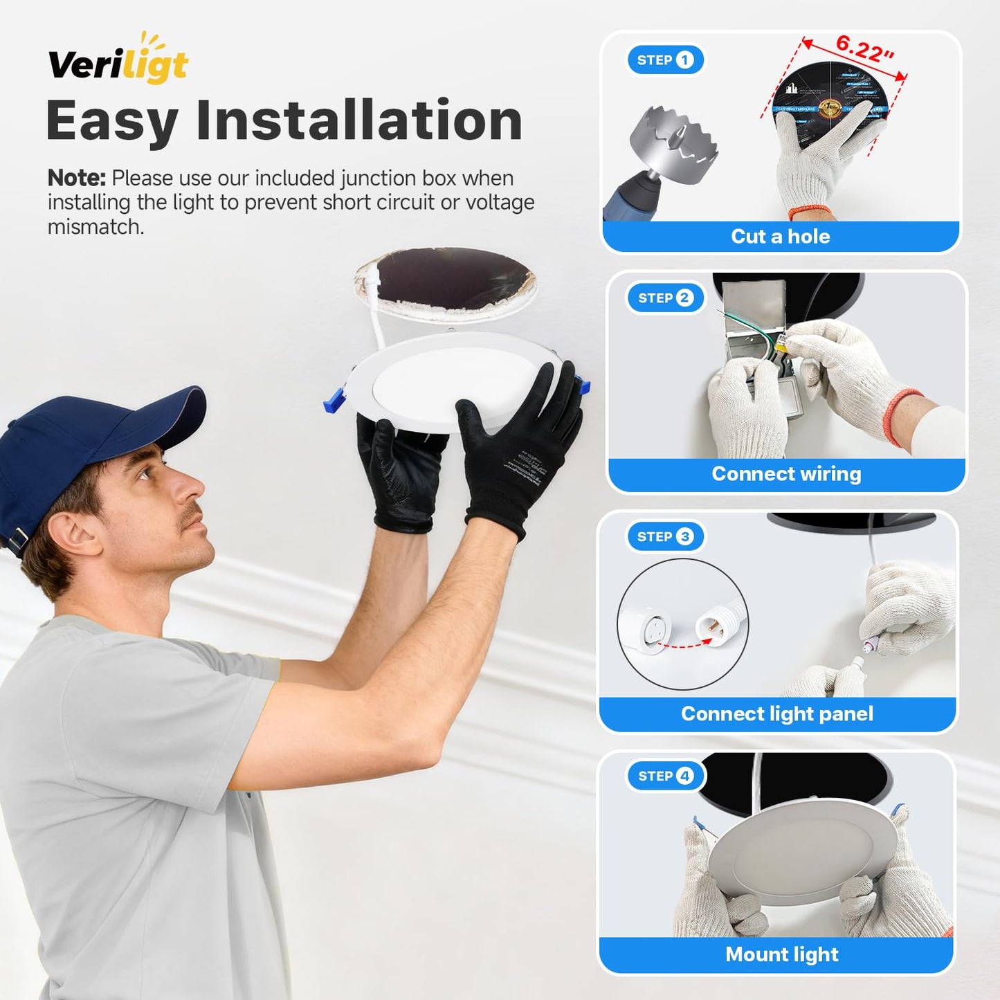 Veriligt 24 Pack 6 Inch 5CCT LED Recessed Light, Silm Canless Recessed Lighting, Dimmable, Damp Rated, 2700K-5000K Selectable, Wafer Ceiling Downlight with Junction Box, 1200LM, 12W 120V, ETL&FCC