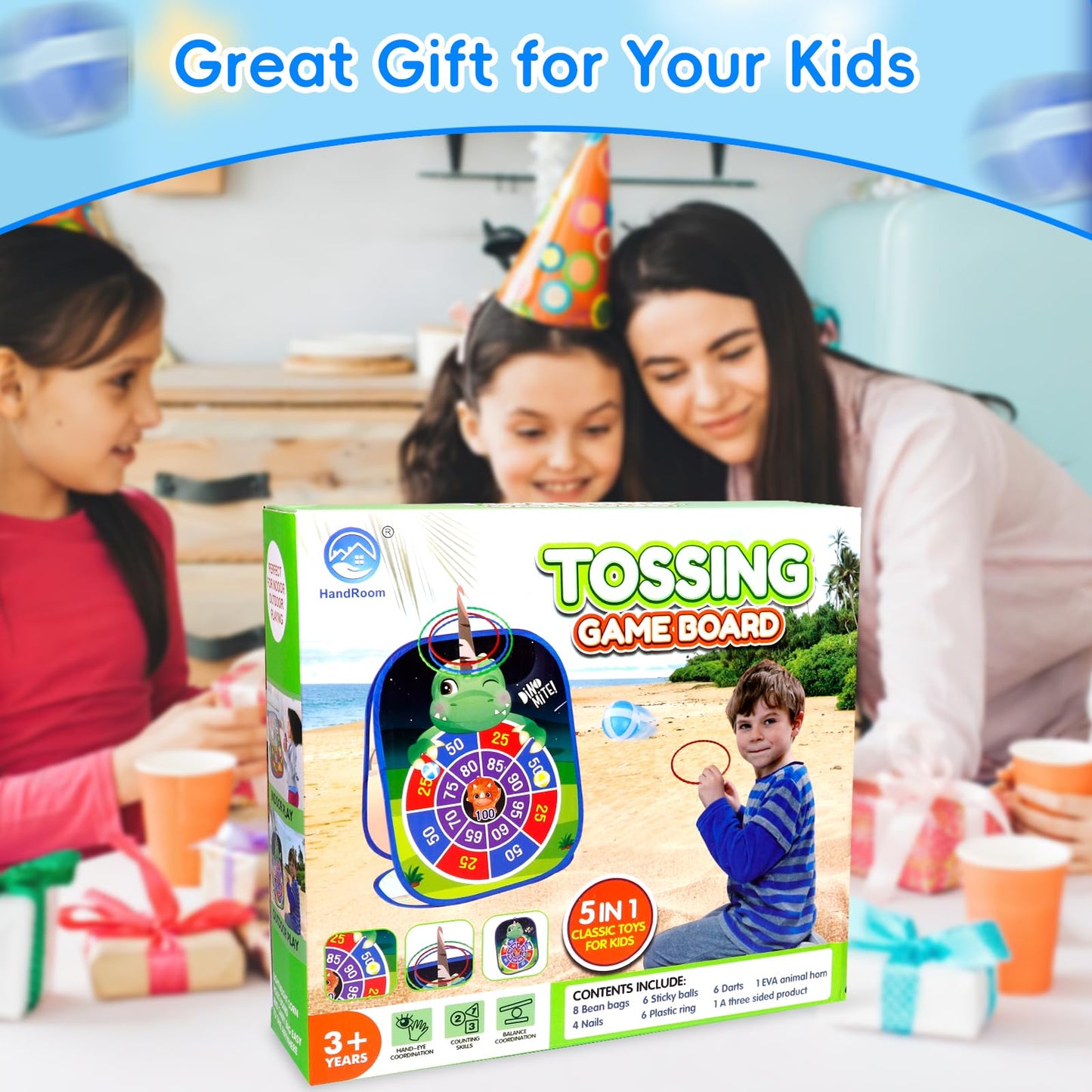 Bean Bag Toss Game for Kids - 5IN1 Kid Cornhole Toys Set, Over 3 Years Toddlers Children Outdoor/Indoor/Backyard Throwing Toy to Boys Girls Birthday/Family Party/Christmas/Easter Gift, Dinosaur