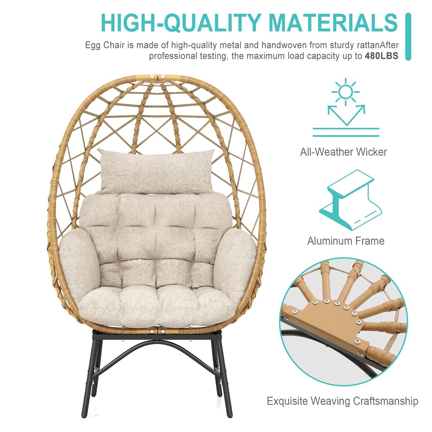 SWITTE Wicker Egg Chair Outdoor Indoor, Oversized Rattan Patio Lounge Chairs with Cushion for Backyard, Living Room, Steel Frame, 480lb Capacity-Cream