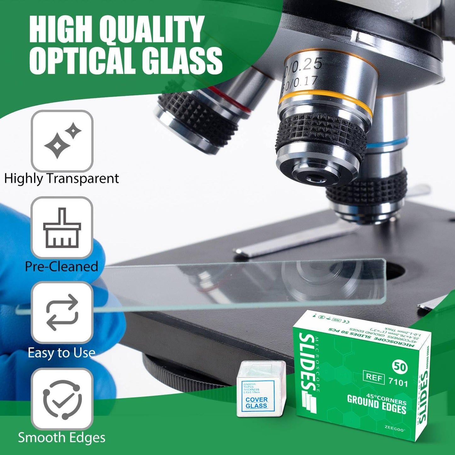 ZEEGOO Microscope Slides, Pre-Cleaned Ultra-Clear Blank Microscope Slides and Covers – 50 Slides, 100 Coverslips, 45° Ground Edged Optical Glass Slides for Microscope, Perfect for Classroom & Lab Use