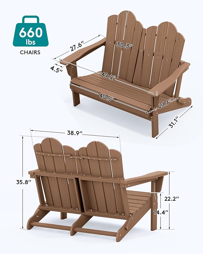 SERWALL 2 Person Adirondack Loveseat, HDPE All-Weather Folding Adirondack Bench Chair, Outdoor Adirondack Chair Set of 4, Brown
