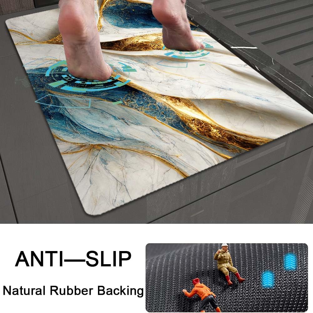 Bath Mat Rug,Abstract Blue and gold marble Non Slip Quick Dry Super Absorbent Thin Bathroom Rugs Fit Under Door-Easy to clean Bathroom Floor Mats-Shower Rug for Shower Sink Bathtub(16" x 24"In)
