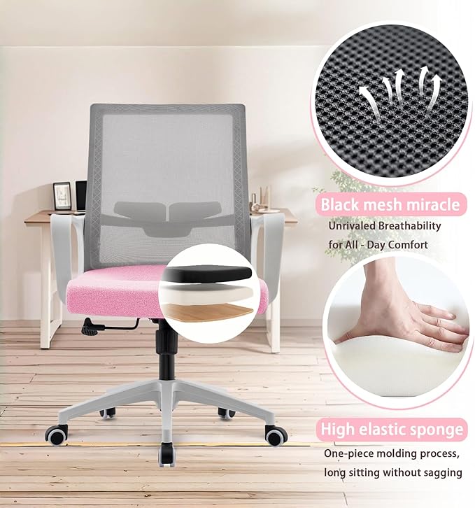Msdizuo Office Chair ergonomically Designed with Breathable mesh backrest and Lumbar Support Adjustable Height Suitable for Offices Homes bedrooms Study Rooms (Pink)