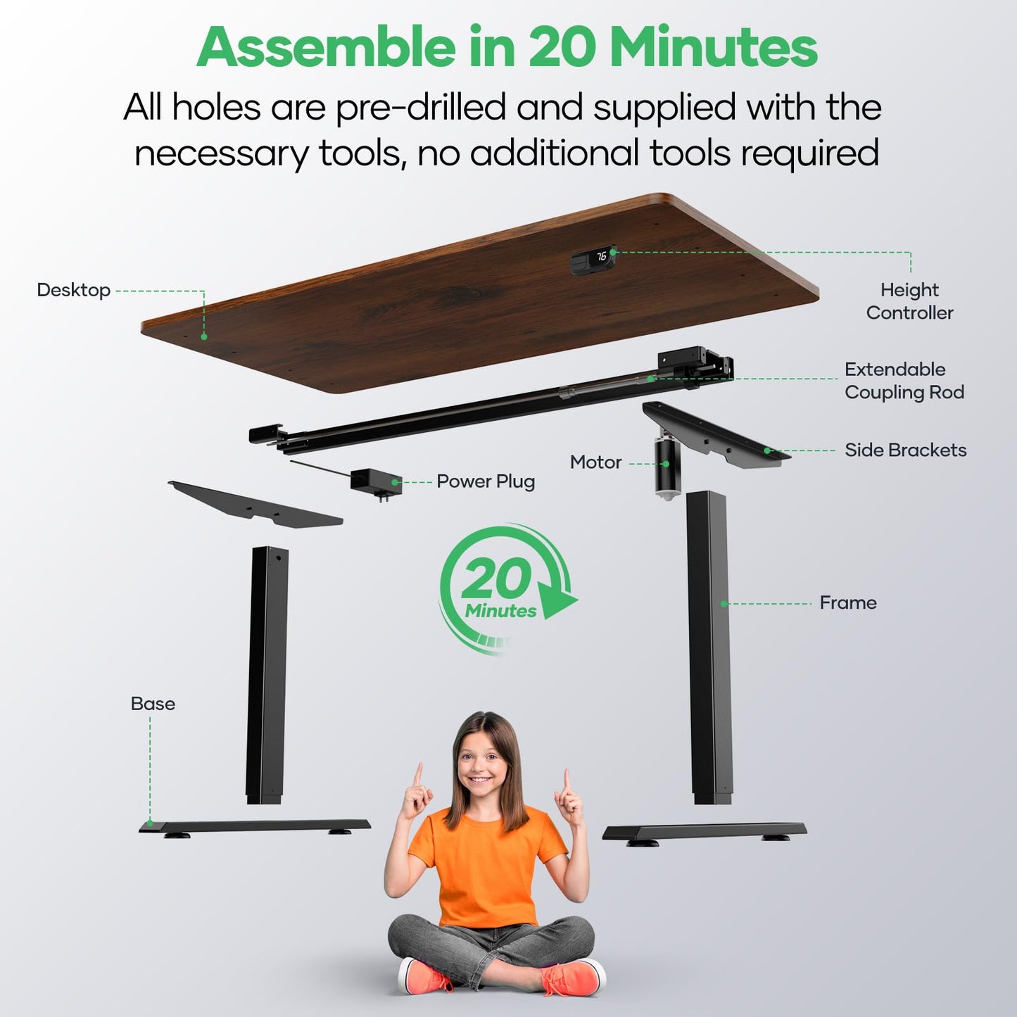Crenova Electric Standing Desk,Height Adjustable Computer Home Office Stand Up Desk,48 x 24 Inches Whole-Piece Sit Stand Studying Gaming Table(Vintage Brown)