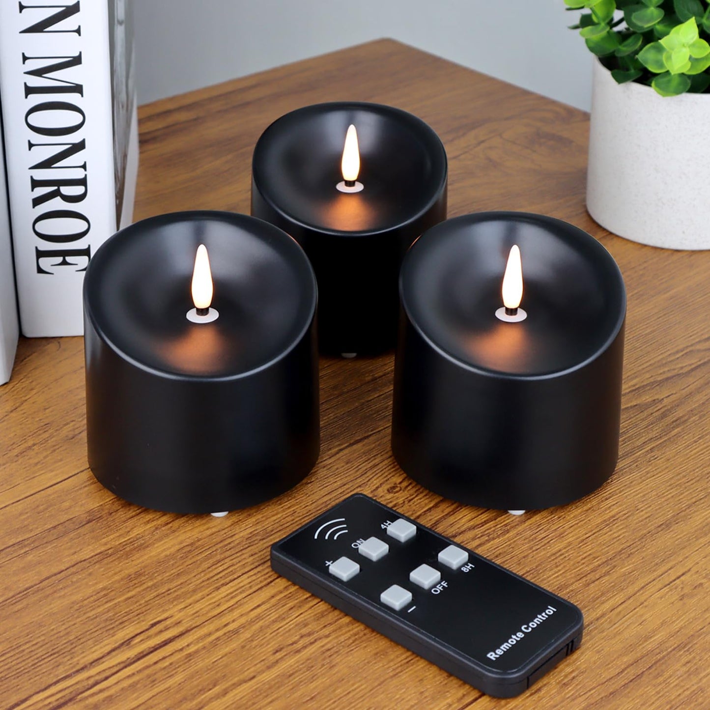 TECHLONG 3"x3" Black Flickering Flameless Candles, Waterproof Halloween Battery Operated Candles with Remote Timer, Last 600 Hours Electric Fake Black LED Candles for Gothic Room Decor, Set of 6