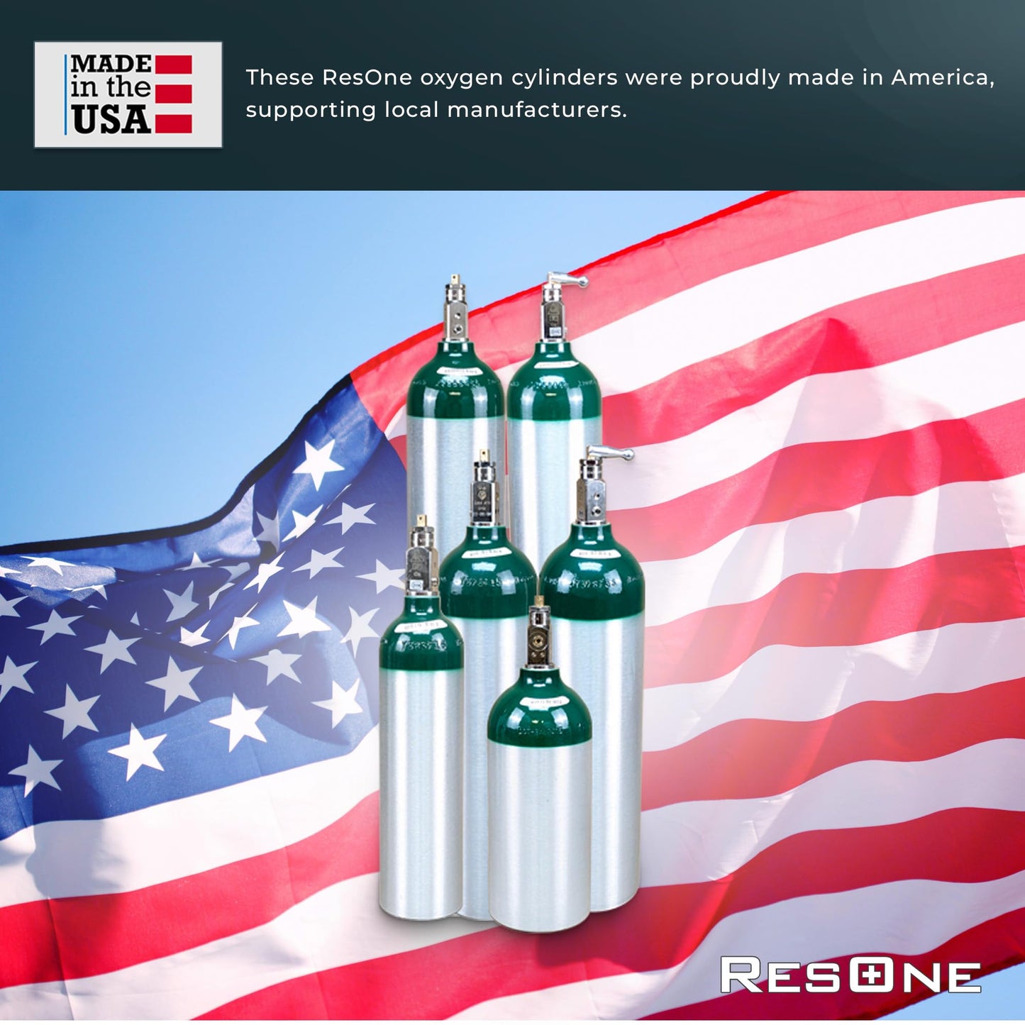 ResOne Portable Aluminum Medical Oxygen Cylinder, E Size, with CGA-870 Toggle Valve for Medical Use - Non-Sparking, Green Dome, Brushed Finish, 24.1 cf, Ships Empty, Prescription Required to Fill