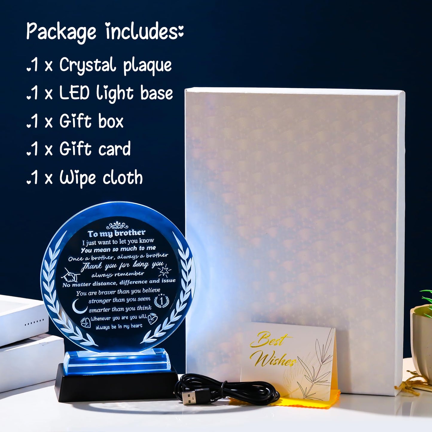 Cool Birthday Gifts for Brother Crystal Keepsake Presents with LED Light Base for Table Home Decor Adult Brother's Graduation Wedding Christmas Gifts from Sisters Brothers