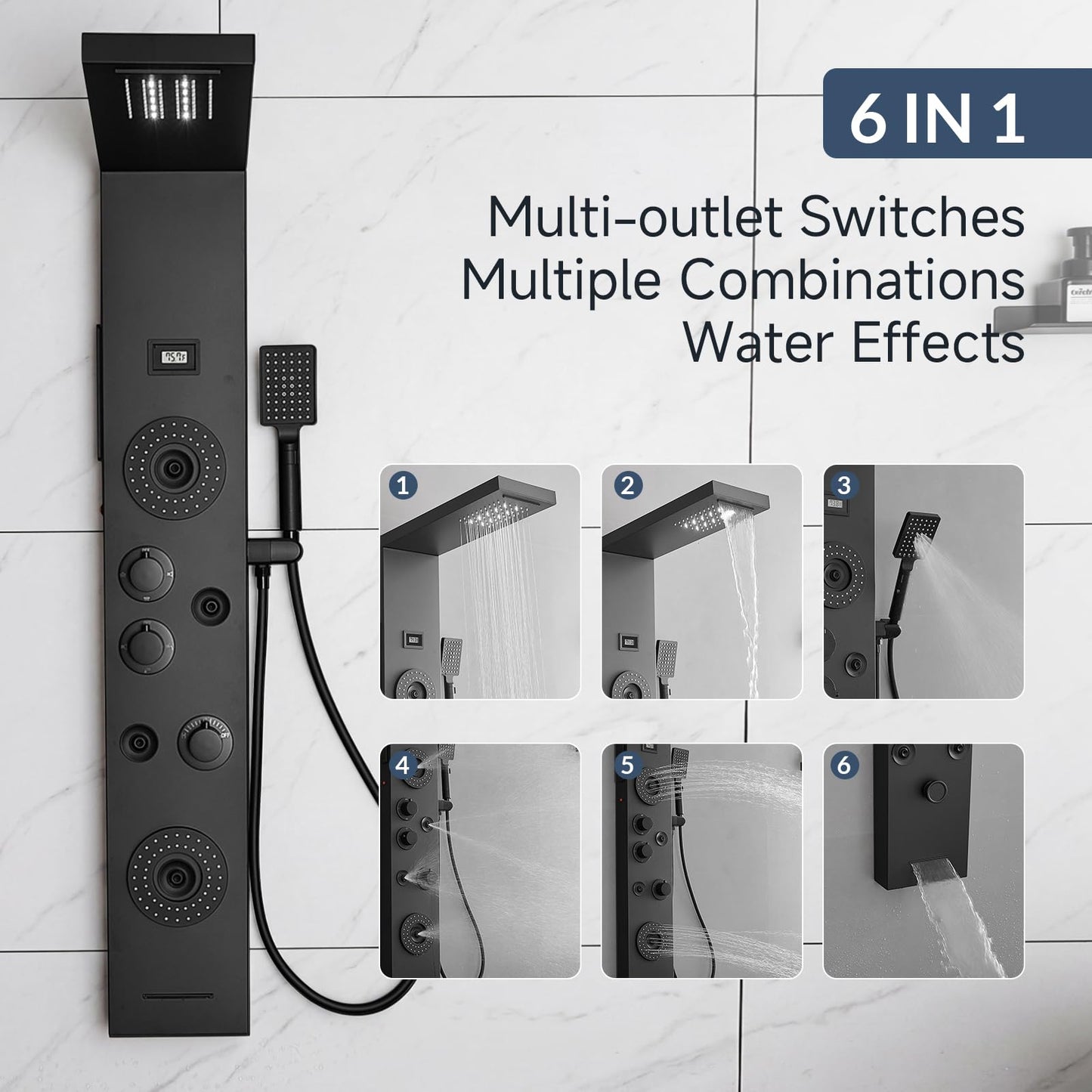 BATHLAVISH 6 in 1 Shower Panel Tower System, Rainfall Shower Panels Set w/LED and Digital Display Stainless Steel Shower Tower with Waterfall Tub Spout 2-Type Massage Jets Handheld Head Matte Black