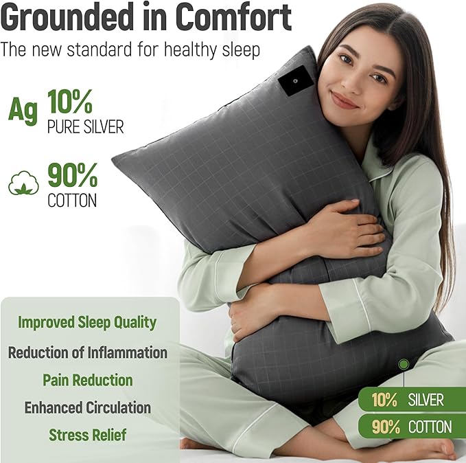 Groundingtop 1PC Grounding Pillowcase 10% Pure Silver Fiber+90% Cotton, Grounding Sheet at Home-Make You Healthier's Earth Connected Pillow Cover with Grounding Cord Included (Black, 20x30in)