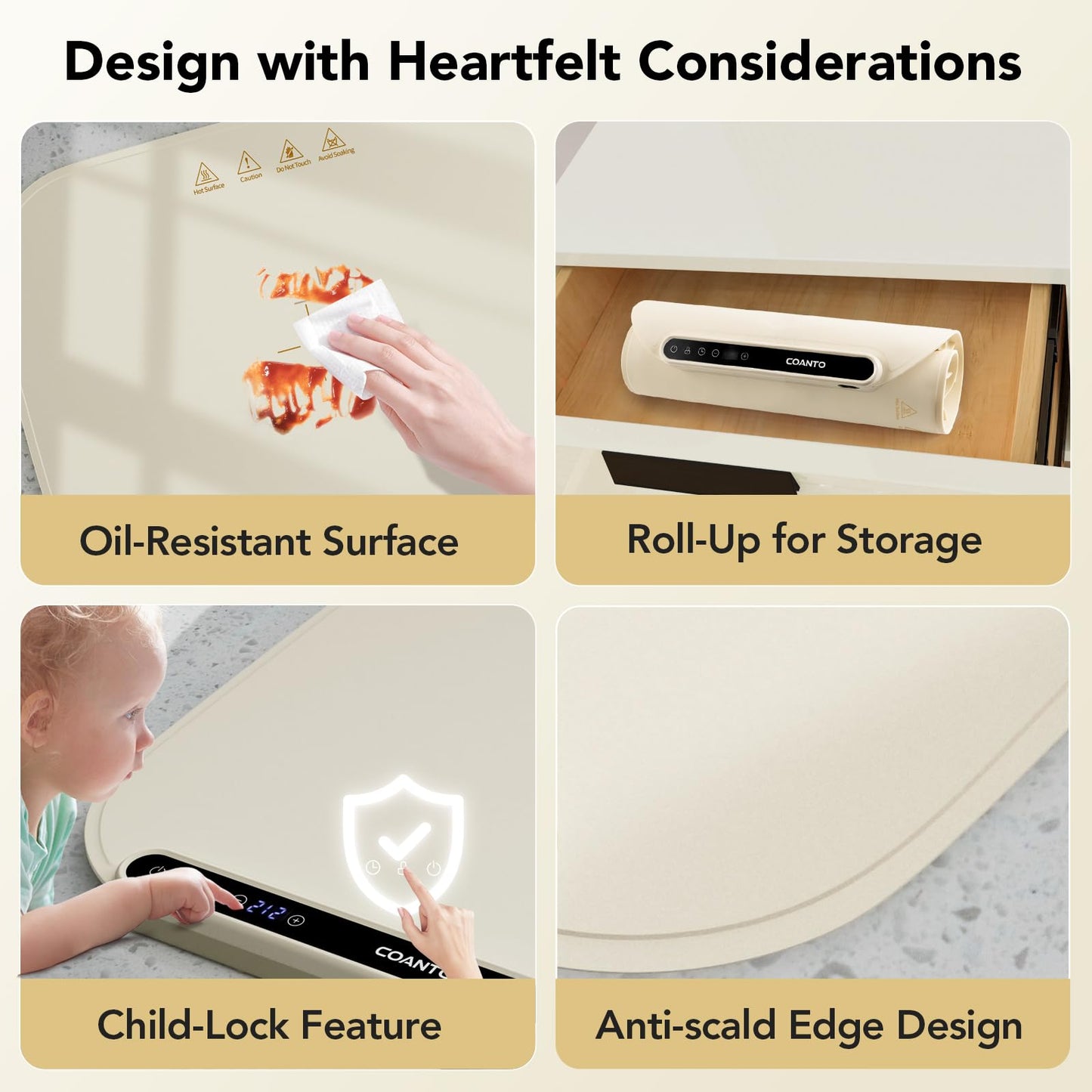 Coanto Food Warming Mat, Electric Warming Tray for Buffets & Parties, Silicone Heating Mat with 7 Temperature Settings, Roll-Up Storage, 17.91"x12.8", Beige