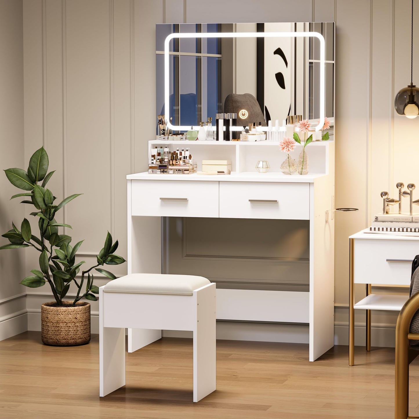 GarveeHome Vanity Desk with Mirror and Lights, 3 Color Modes Makeup Vanity with Cushioned Stool, 2 Drawers & Charging Station, Modern Dressing Table for Bedroom, Makeup Studio, White