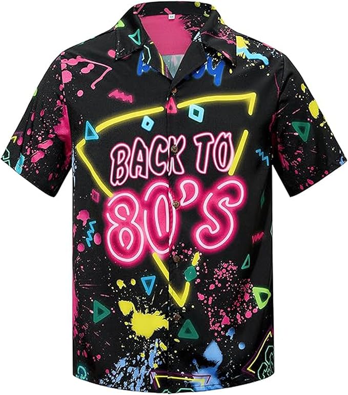 Zando 90s 80s Outfit for Men - Funny Retro Short Sleeve Button Down Hawaiian Shirt for Disco & Themed Party & Beach