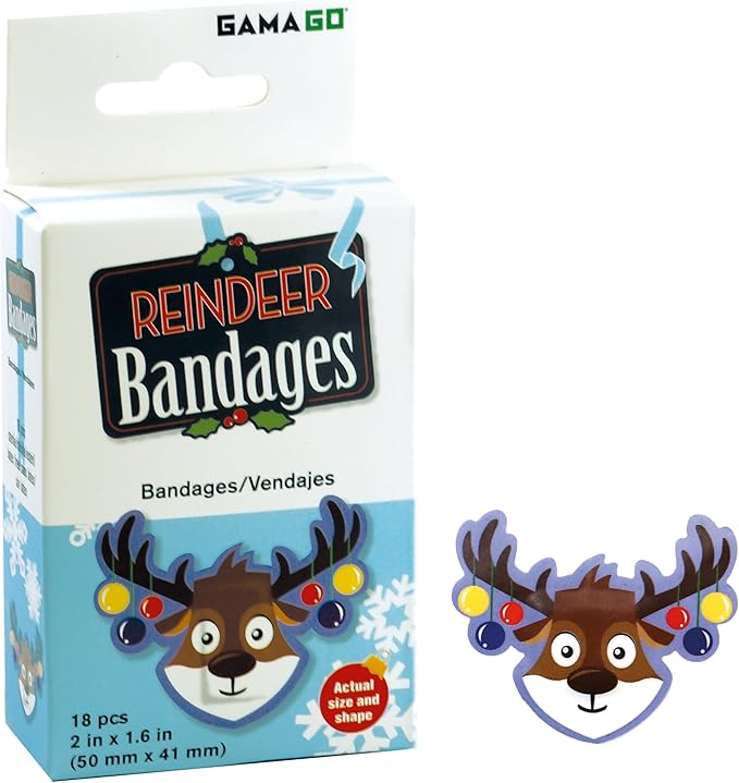 GAMAGO Reindeer Bandages for Kids & Kidults - Set of 18 Individually Wrapped Self Adhesive Bandages - Sterile, Latex-Free...
