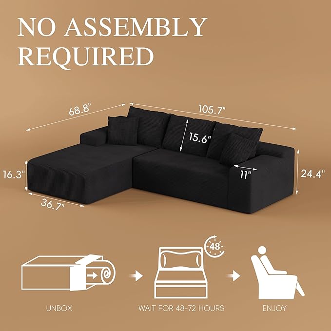 NAYA 106” Modular Sectional Sofa, Cloud Sectional Couch with Deep Seat, Modern Modular L-Shape Sofa Boneless Couch with Chaise for Living Room Bedroom (Black, Sectional Sofa with Left Facing Chaise)