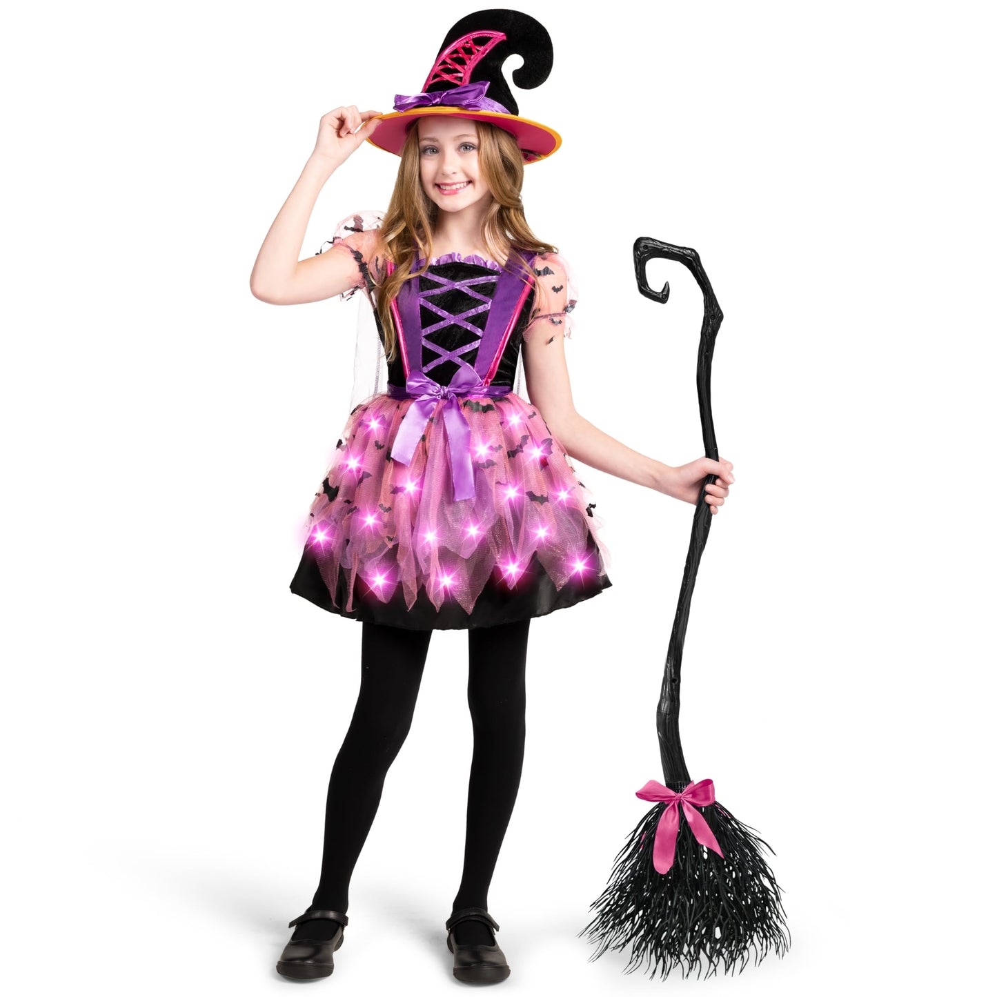 Spooktacular Creations Girls Light Up Witch Costume, Kids Witch Costume with Hat and Broom for Toddler Halloween Dress Up Parties (Toddler (3-4yr))