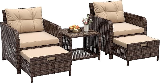 LHBcraft 5 Pieces Patio Set, PE Rattan Patio Conversation Set with Soft Cushions & Coffee Table, Outdoor Chairs with Hidden Ottoman for Porch, Lawn, Garden, Balcony, Brown