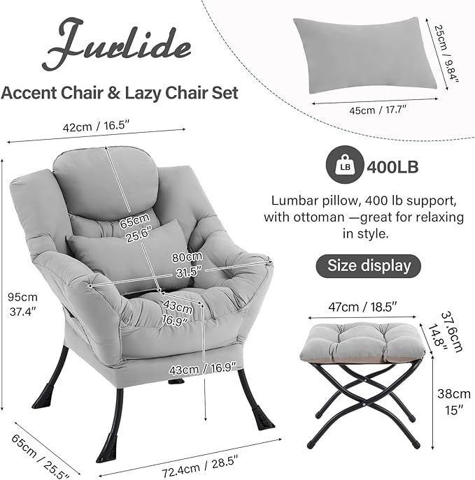 Furlide Lazy Chair with Ottoman, Modern Lounge Chair with Lumbar Pillow, Accent Cozy Reading Armchair and Folding Footstool for Bedroom, Dorm, Living Room,Light Grey