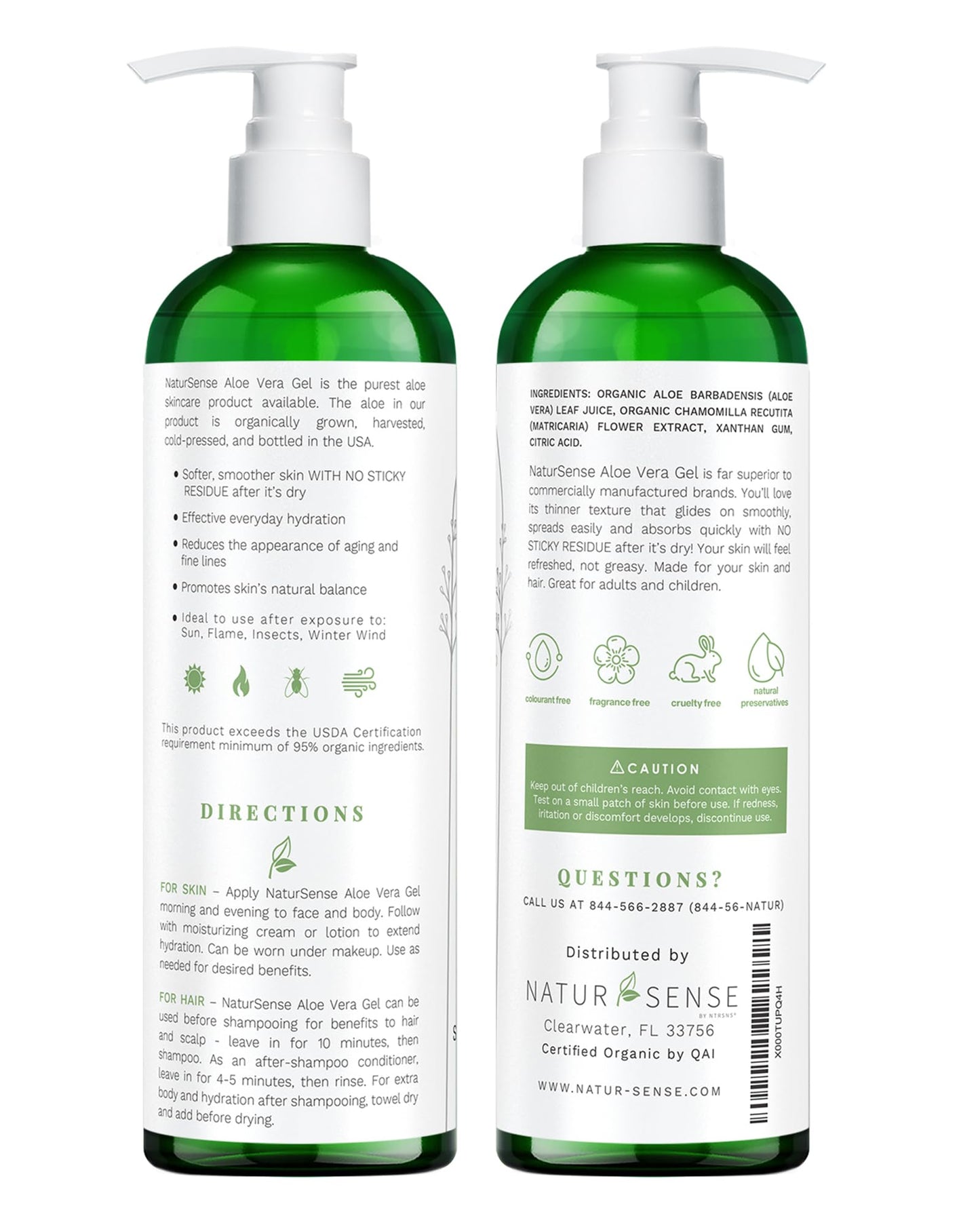 NaturSense USDA Organic Aloe Vera Gel from 100% Pure Aloe. Deep Hydration, Effective Moisturizing. Great for Hair, Scalp, Face,