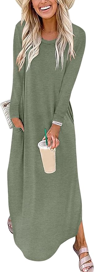 ANRABESS Women's Long Sleeve Maxi Dresses 2025 Fall Outfits Casual Loose Split Travel Vacation T Shirt Dress with Pockets