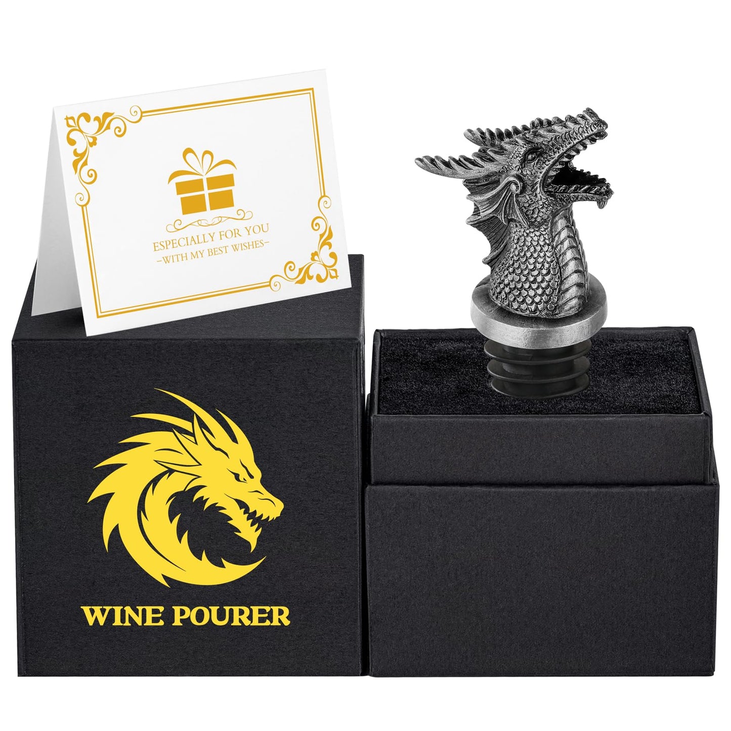Dragon Head 2-In-1 Wine Bottle Pourer and Stopper, Gifts for Men Women Dragon Fans, Liquor Bottle Pourers Spout for Alcohol Spirits, Wine Accessories, Dark Silver