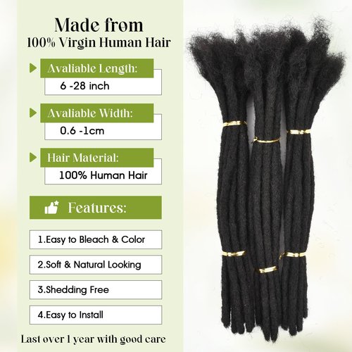 BUGUQI 6Inch-18Inch Dreadlock Extensions Loc Extensions Human Hair for Men/Women 100% Real Human Hair (0.6CM Width-1B, 18 Inch-10 Strands)