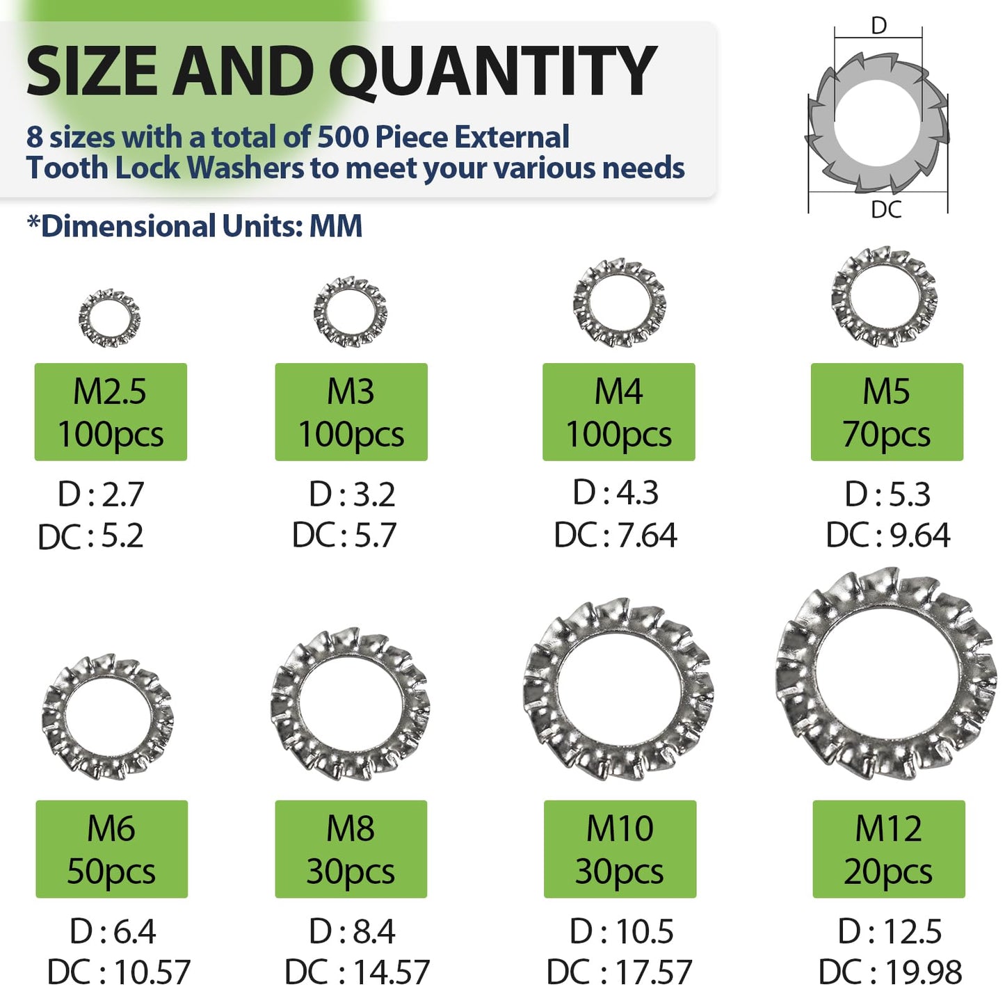 Vifmy External Tooth Lock Washers Assortment Kit(500 Pack),M2.5 M3 M4 M5 M6 M8 M10 M12 Metric 304 Stainless Steel External Star Washer Sets