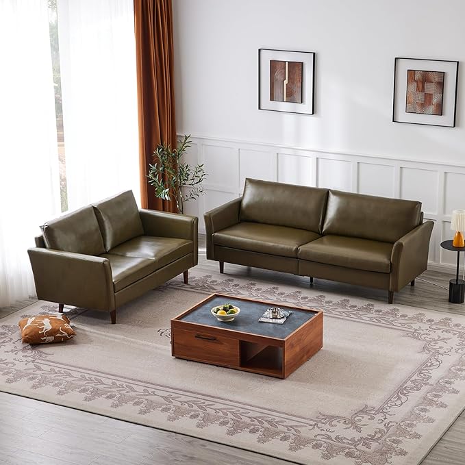 Kingfun Faux Leather 3 Seat Couch Set for Living Room, Mid Century Modern Sofa with Rolled Arms and Deep Seats, Fluffy Comfort for Apartment, Easy to Assemble, Olive Green Sofa and Loveseat