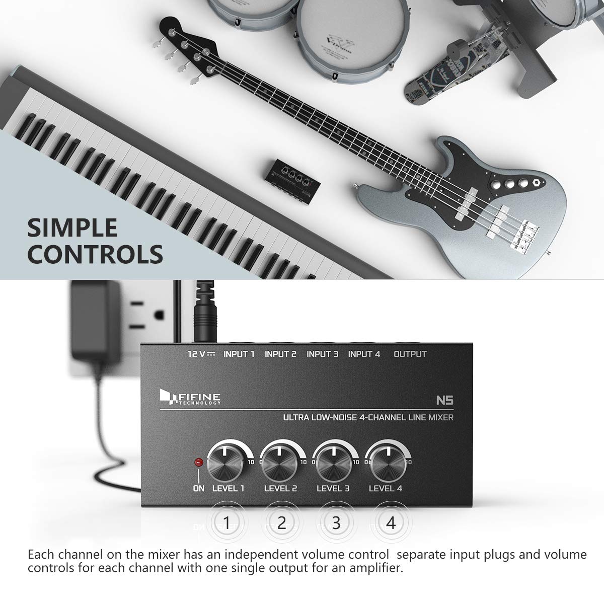 Fifine Ultra Low-Noise 4-Channel Line Mixer For Sub-Mixing,4 Stereo Channel Mini Audio Mixer With Ac Adapter.Ideal For Small Clu