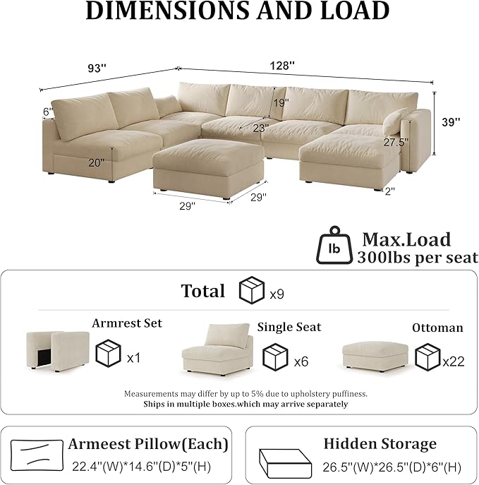 Cloud Modular Sectional Sofa Couch with Storage Ottoman, 128" Oversized Sectional Couches for Living Room, Cloud Modular U-Shaped Sofa with Chaise, 8 Seater, Chenille, Beige