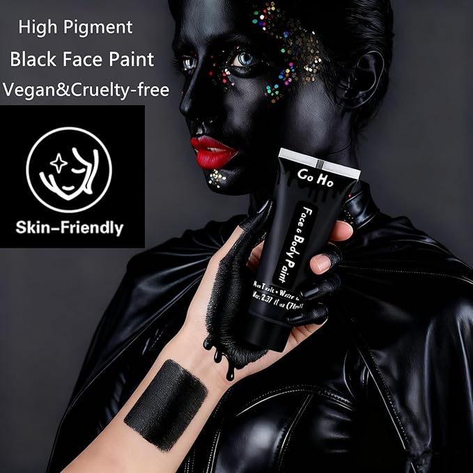 Go Ho Black Face Body Paint Washable(2.37oz/pc),Water Based Cream Face Paint,Vampire Skeleton Zombie Clown Makeup,Black Body Paint for SFX Cosplay Costumes Festivals Halloween Makeup
