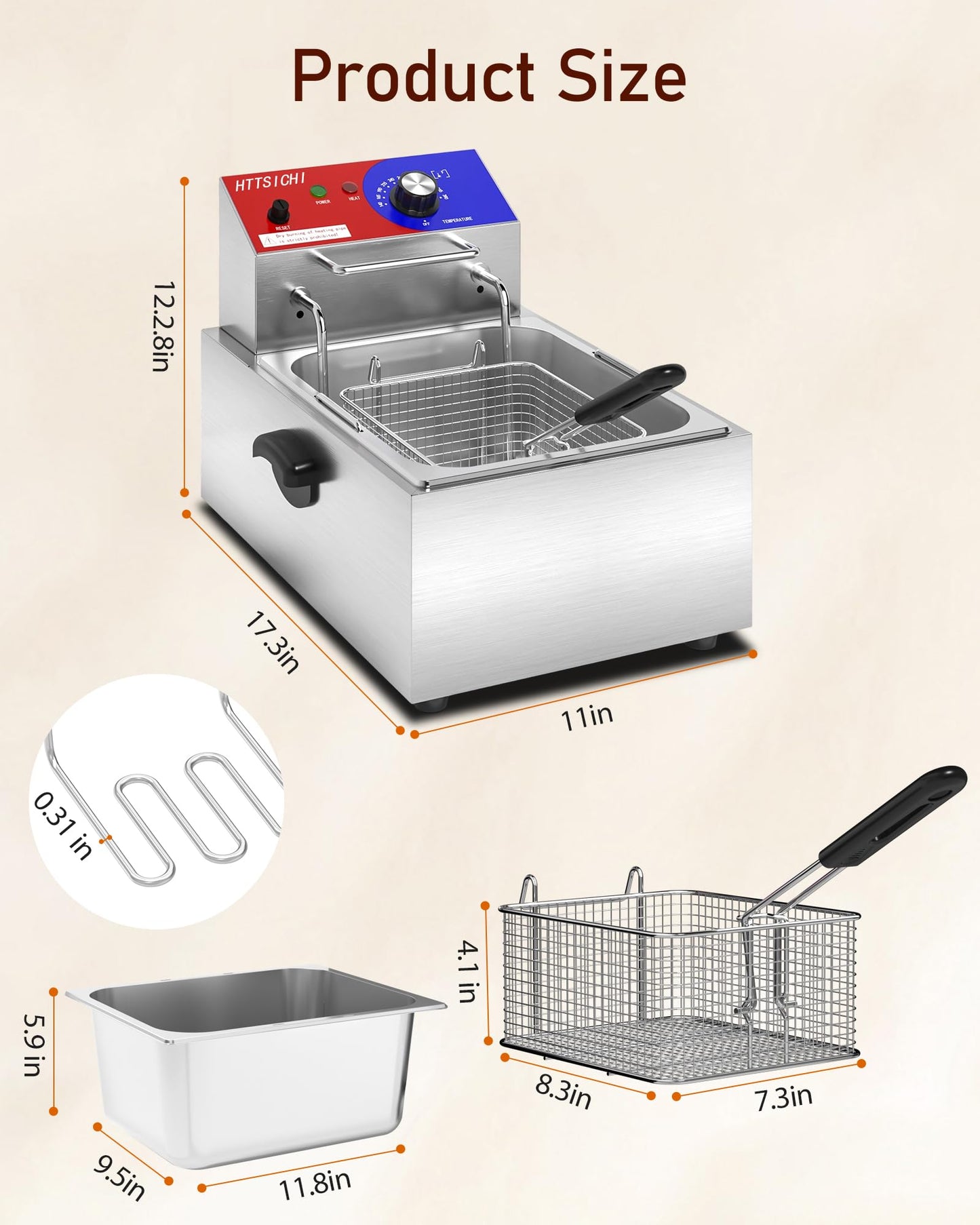 HTTSICHI Commercial Deep Fryer - 12 L Electric Deep Fryer with 6 L Basket, Commercial Deep Fryer with Basket, Stainless Steel Countertop Deep Fryer w/Adjustable Temperature and Restaurant Use