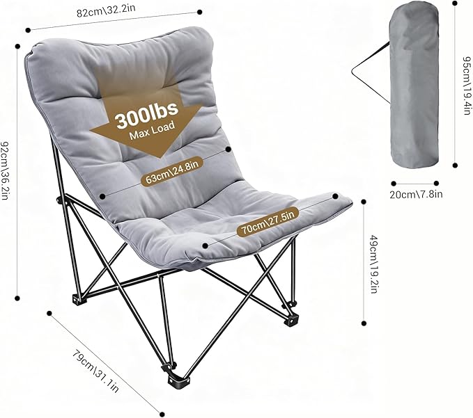 WTVIDAS Oversized Padded Camping Chair with High Back Heavy Duty Folding Comfy Chair Butterfly Chair for Adults Lawn Patio Outdoor