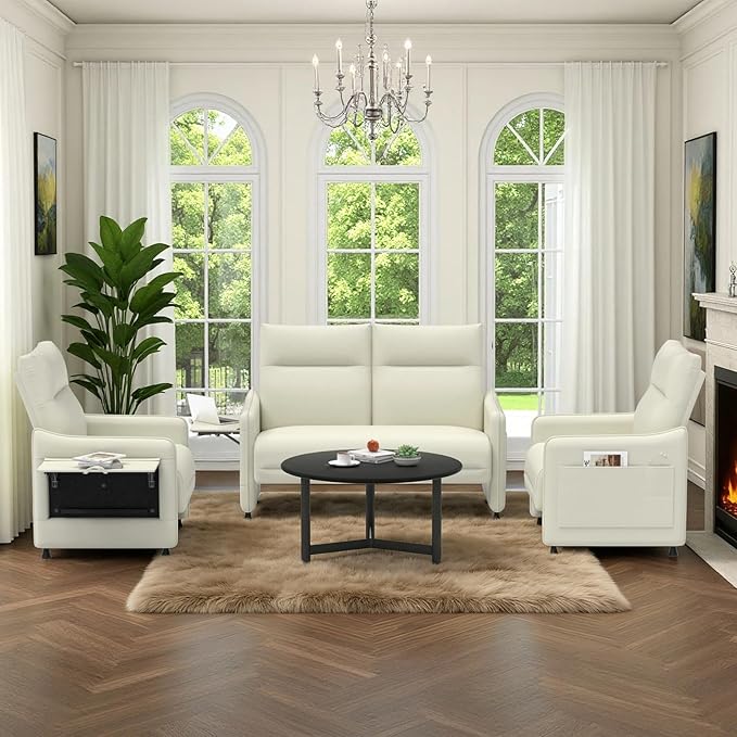 Tbillionnext 3-Piece Living Room Sofa Set, Faux Leather Loveseat & Accent Chairs Set of 2 with Hidden Foldable Tray & Side Pocket, Rear Contour Arm Design, Upholstered Sofa Set for Office, Beige