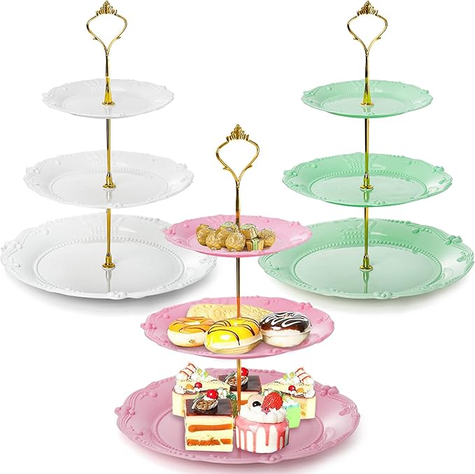 Fasmov 3 Pack 3 Tier Plastic Cupcake Stand, Dessert Plates Cake Fruit Candy Display Tower Reusable Pastry Platter for Wedd...