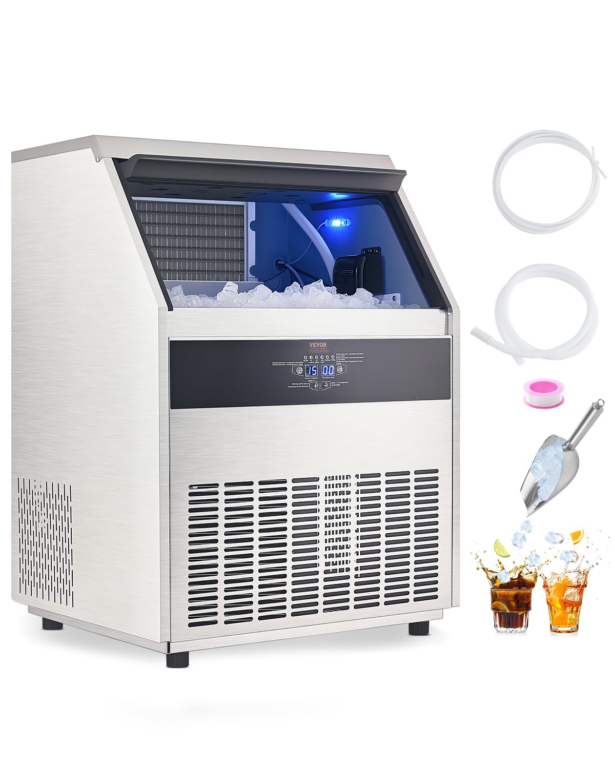 Vevor Commercial Ice Maker Machine, 265Lbs/24H Ice Maker Machine With 88Lbs Storage Capacity, 126 Ice Cubes In 15 Minutes, Led D
