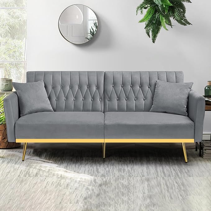 ACMEASE 70” Velvet Futon Sofa Bed with 2 Pillows and Adjustable Armrests, Convertible Sleeper Bed W/Adjustable Backrests, Modern Loveseat for Living Room, Bedroom, Light Grey