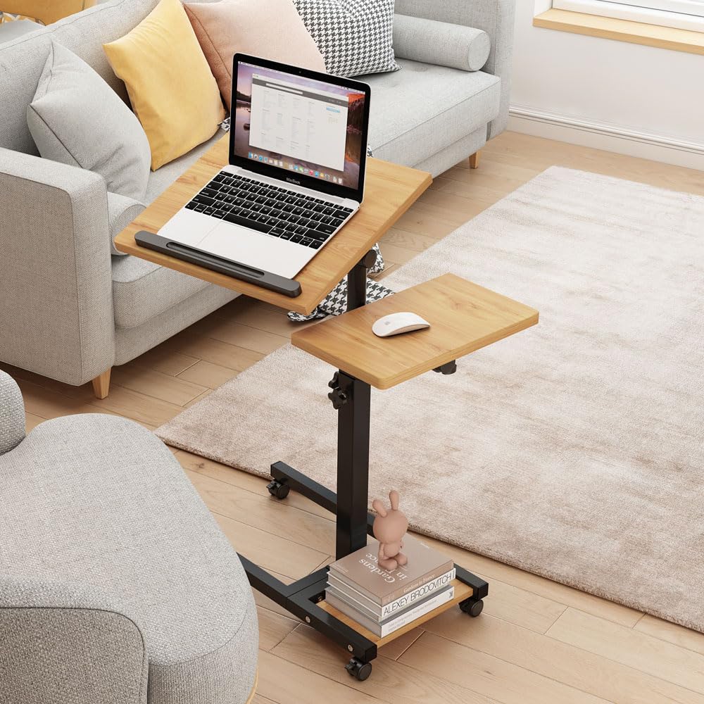 Laptop Desk Stand for Bed Portable Desk Overbed Bedside Mobile Laptop Table Rolling Foldable Table Adjustable Height with Locked Wheels & Mouse Pad for Office Sofa